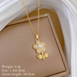 Ожерелья с подвесками Flower из нержавеющей стали 304 с микропаве из прозрачных кубических цирконий и пластиковым жемчугом FS-WGEF150-01