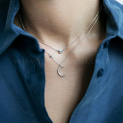 Двухслойные ожерелья из стерлингового серебра с микропаве из прозрачных кубических цирконий с подвеской в виде звезды и луны для женщин YV6994-3