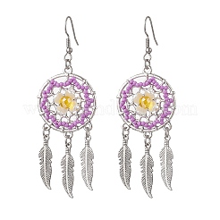 Плоские круглые с перьями стеклянные бусины ручной работы серьги-люстры EJEW-MZ00473-01