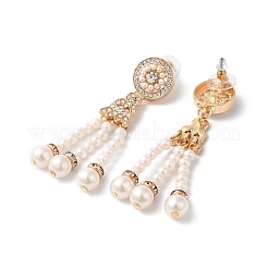 Плоские круглые серьги-люстры со стразами и пластиковой жемчужной кисточкой EJEW-D054-04KCG