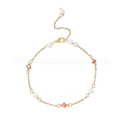 Женские браслеты на ногу из цепочек со стеклянными ромбами и круглыми стеклянными бусинами из нержавеющей стали 304 AJEW-AN00724