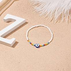 Эластичный браслет из полимерной глины сглаз и стеклянные семена из бисера для женщин BJEW-JB08617