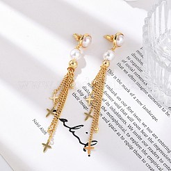 Серьги-гвоздики из латунного АБС-пластика с жемчужными кисточками&nbsp;EJEW-U040-15G