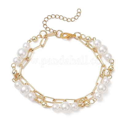 Многорядные браслеты из цепочек-скрепок из АБС-пластика с имитацией жемчуга и латуни для женщин BJEW-JB12889-1