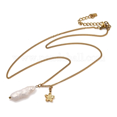 Женские ожерелья с подвесками в виде цветка из натурального пресноводного жемчуга Кеши и нержавеющей стали 304 NJEW-K255-55G-1