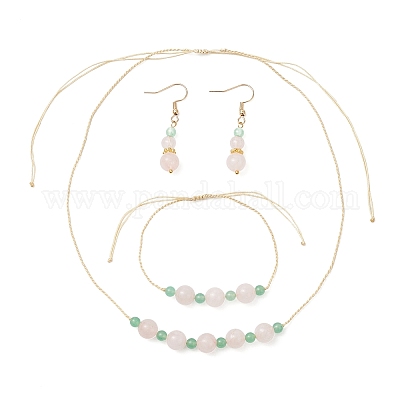 Комплект из круглого натурального малайзийского нефрита и розового кварца с бусинами SJEW-JS01333-1