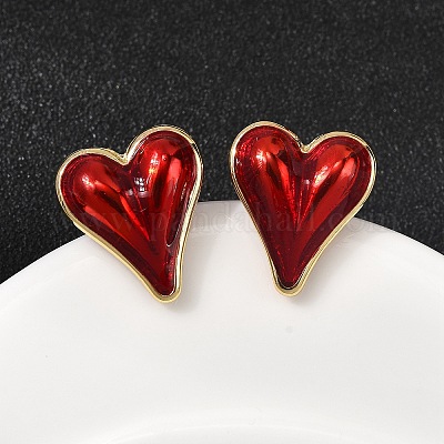 Серьги-гвоздики с эмалью в форме сердца из латуни EJEW-K276-12G-1
