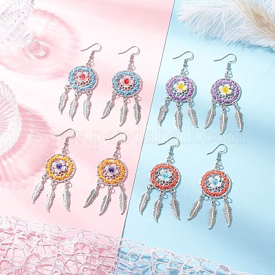 Плоские круглые с перьями стеклянные бусины ручной работы серьги-люстры EJEW-MZ00473-1