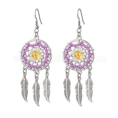 Плоские круглые с перьями стеклянные бусины ручной работы серьги-люстры EJEW-MZ00473-01-1