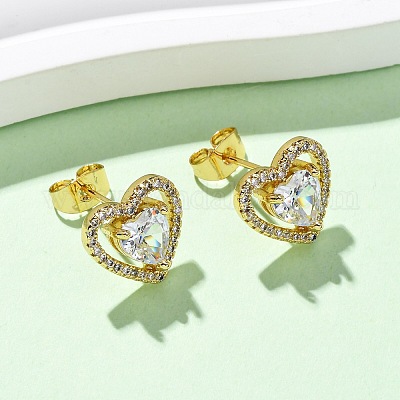 Серьги-гвоздики в форме сердца из латуни с прозрачным фианитом и прозрачным фианитом EJEW-K267-20G-1