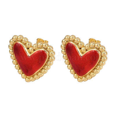 Серьги-гвоздики в форме сердца из латуни и эмали EJEW-L273-01G-03-1