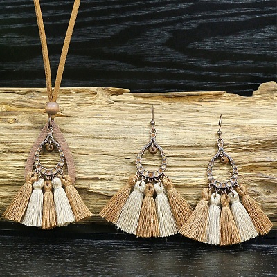 Ожерелье с подвеской в виде кисточки из сплава и дерева и серьги-подвески FS-WGEEC72-02-1