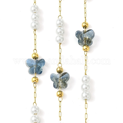 10 м ионное покрытие (IP) 304 нержавеющая сталь и АБС-пластик жемчужные бусины и стеклянные звенья-бабочки CHS-G035-04G-07-1