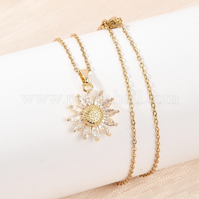 Латунный цветок микропаве кубический цирконий кулон ожерелья NJEW-C076-21G-1