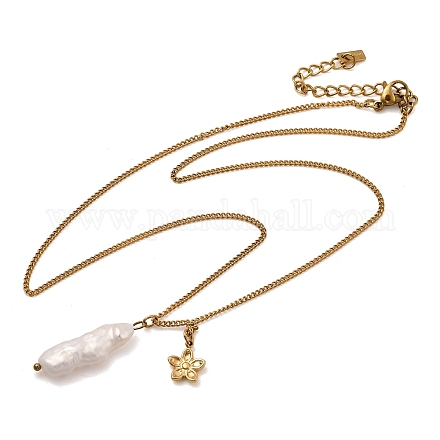 Женские ожерелья с подвесками в виде цветка из натурального пресноводного жемчуга Кеши и нержавеющей стали 304 NJEW-K255-55G-1