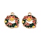 Alloy Enamel Pendants, Christmas Theme, Light Gold, Christmas Wreath, 19.5x17x1.2mm, Hole: 1.6mm