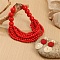 Wood Round Beaded Multilayer Necklaces & Alloy Flat Round Dangle Earrings Sets, Red, 550~600mm