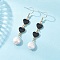 Natural Keshi Pearl Heart Dangle Stud Earrings, with Alloy & Enamel Connector Charms, Golden, Black, 61x11.5mm