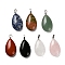 Natural Red Jasper & Black Onyx(Dyed & Heated) & Rose Quartz & Quartz Crystal & Green Aventurine & Unakite & Sodalite Teardrop Pendants, with Stainless Steel Snap on Bails, Stainless Steel Color, 43~44x25x11~12mm, Hole: 9x5.5mm