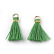 Polycotton(Polyester Cotton) Tassel Pendant Decorations, Mini Tassel, with Iron Findings and Metallic Cord, Light Gold, Medium Sea Green, 10~15x2~3mm, Hole: 1.5mm