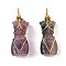 Natural Fluorite Pendants, with Golden Tone Rack Plating Brass Wire Wrap, Long-Lasting Plated, Lead Free & Cadmium Free, Human, 52x18.5x2.2mm, Hole: 4.8mm