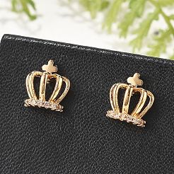Серьги-гвоздики с короной из латуни с микропаве из прозрачных кубических цирконий для женщин&nbsp;EJEW-G428-06G