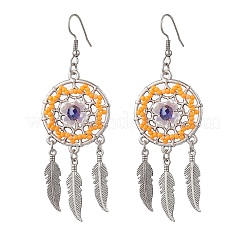 Плоские круглые с перьями стеклянные бусины ручной работы серьги-люстры EJEW-MZ00473