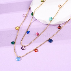 304 нержавеющая сталь шариковая цепочка разноцветные кубические цирконии плоские круглые кисточки двухслойные ожерелья для женщин&nbsp;LS-NJEW-A051-05G