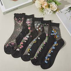 5 пара носков из цветочного цинлона и стеклянного шелка для женщин AJEW-WH20088-007