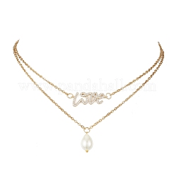Стеклянный жемчуг каплевидный кулон латунная цепь двухслойные ожерелья для женщин NJEW-JN05341