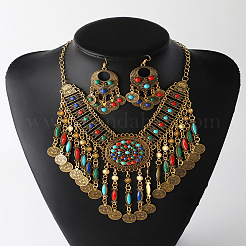 Комплекты из цепочек и серег с подвесками из сплава Bohemia с плоскими круглыми кисточками и стразами FS-WG58F87-01