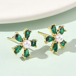 Цветок латунь кубического циркония серьги стержня&nbsp;EJEW-P336-06G-07