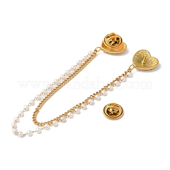 Брошь-цепочка в форме сердца из нержавеющей стали 304 с микропаве из прозрачных кубических цирконий и АБС-жемчужин JEWB-S021-09G