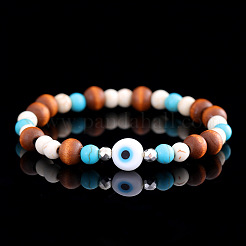 Эластичные браслеты из натурального дерева и синтетических бирюзовых круглых бусин для мужчин.&nbsp;ED9275-2