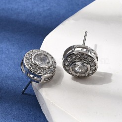 Плоские круглые серьги-гвоздики из латуни с микропаве и прозрачным фианитом&nbsp;EJEW-H180-13P