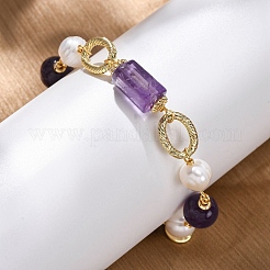 Браслеты из натуральных аметистов и жемчужин с круглыми бусинами для женщин BJEW-Q039-01G