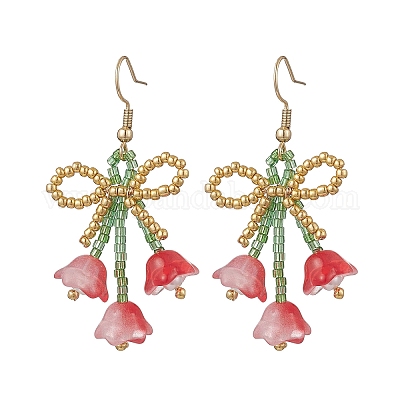 Серьги-подвески из стеклянных бусин ручной работы в виде цветка с бантом EJEW-MZ00655-1