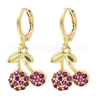 Серьги-подвески в форме вишни с микропаве из латуни и кубическими цирконами EJEW-L305-02G-1