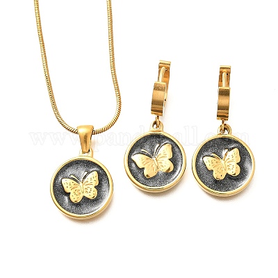 Комплект из ожерелий и серег-колец из нержавеющей стали 304 с эмалью для женщин SJEW-C007-03G-01-1