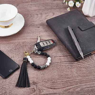 Силиконовый круглый брелок из бисера с кисточкой из искусственной кожи KEYC-SW00005-01-1