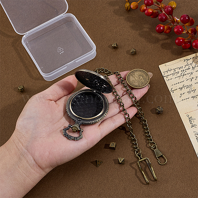 Винтажные плоские круглые карманные часы из сплава с полыми корпусами и латунной цепочкой&nbsp;AJEW-PH0007-68AB-1