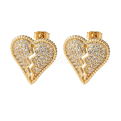 Серьги-гвоздики с разбитым сердцем из латуни с микропаве из кубических цирконий EJEW-B153-19G-04-1