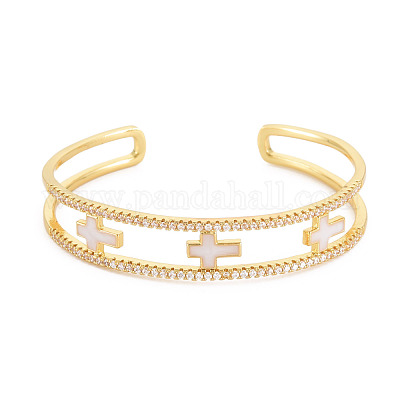 Прозрачный кубический цирконий крест открытый браслет-манжета с эмалью BJEW-S141-025-1