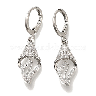 Серьги-кольца из латуни с микропаве из прозрачного кубического циркония в форме ракушки EJEW-H016-38P-1