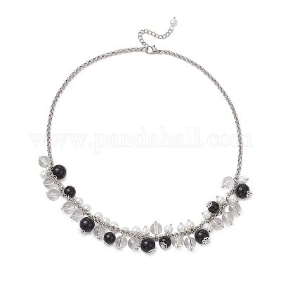 3 шт. 3-цветные круглые стеклянные бусины нагрудник 304 нержавеющая сталь цепочка Роло ожерелья NJEW-JN05359-1