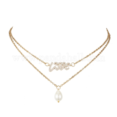 Стеклянный жемчуг каплевидный кулон латунная цепь двухслойные ожерелья для женщин NJEW-JN05341-1