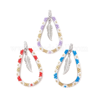 3 шт. 3-цветная стеклянная каплевидная подвеска в стиле бохо с перьями PALLOY-MZ00589-1