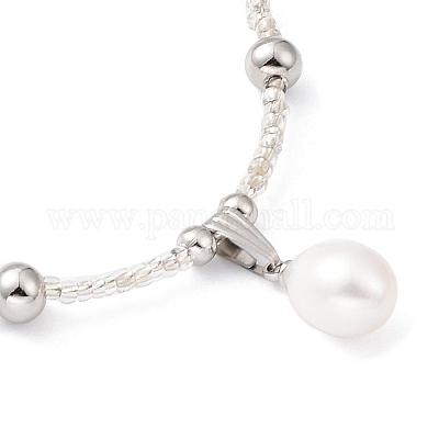 Кулон из натурального жемчуга с цепочками из стеклянных бусин NJEW-M201-01A-1