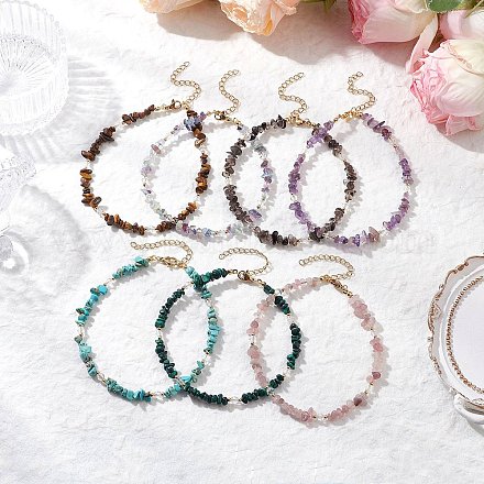 Браслеты на ногу из натуральных смешанных драгоценных камней и стеклянных бусин AJEW-AN00682-1