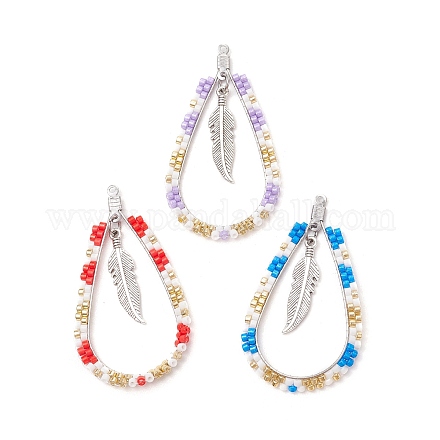3 шт. 3-цветная стеклянная каплевидная подвеска в стиле бохо с перьями PALLOY-MZ00589-1